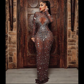 Mesh Perspective Mirrors Rhinestones Celebrite Party Long Dress
